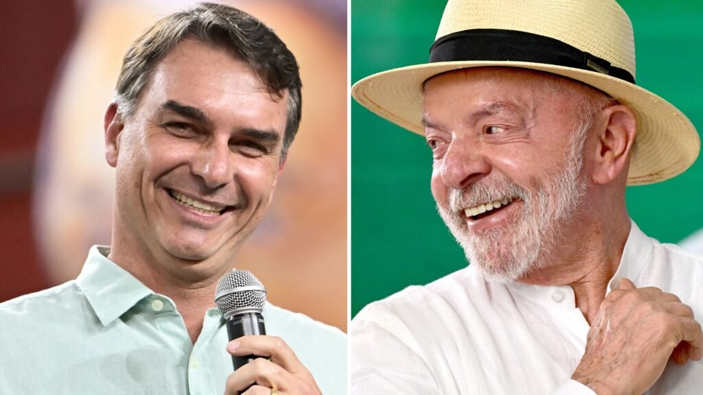 Montagem com fotos dos candidatos Flávio Bolsonaro e Lula