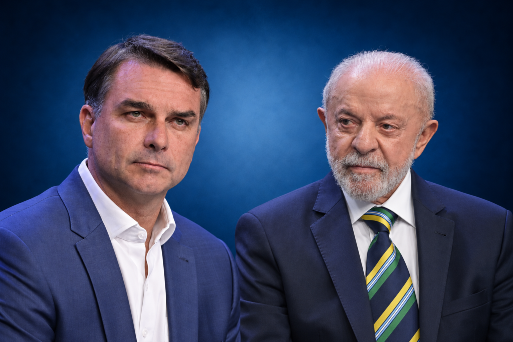 Montagem com os candidatos Flávio Bolsonaro e Lula