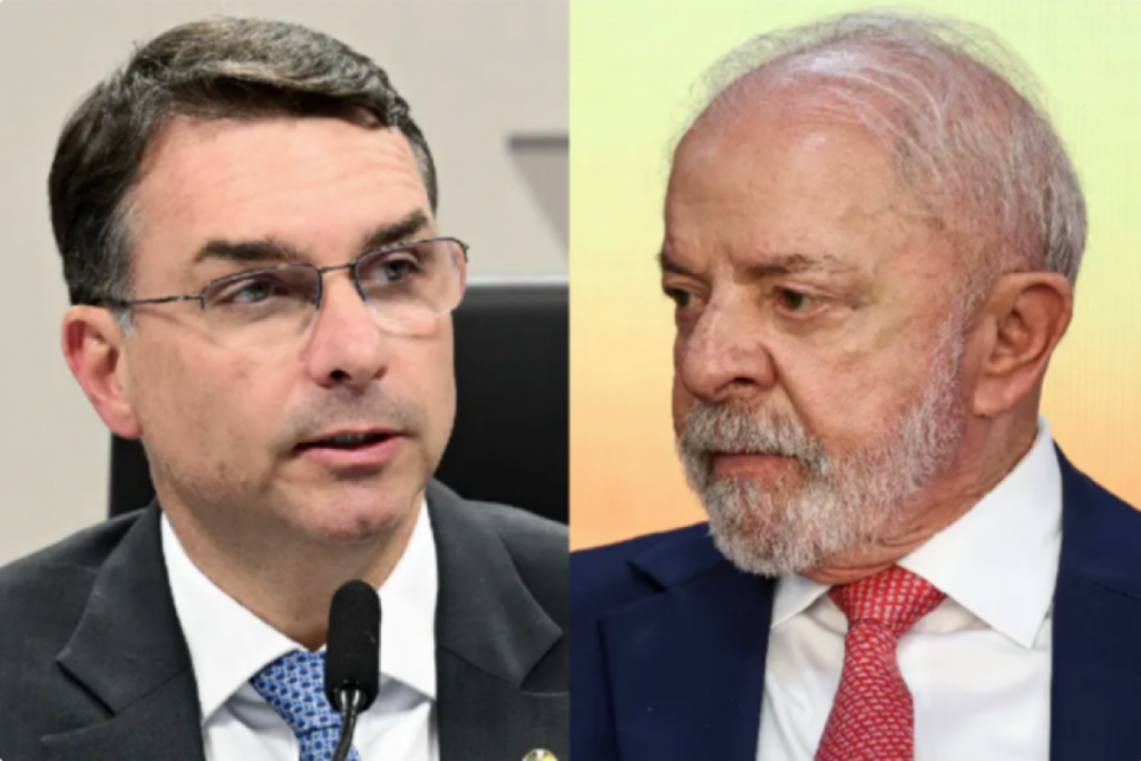 Montagem com fotos de Flávio Bolsonaro e Lula