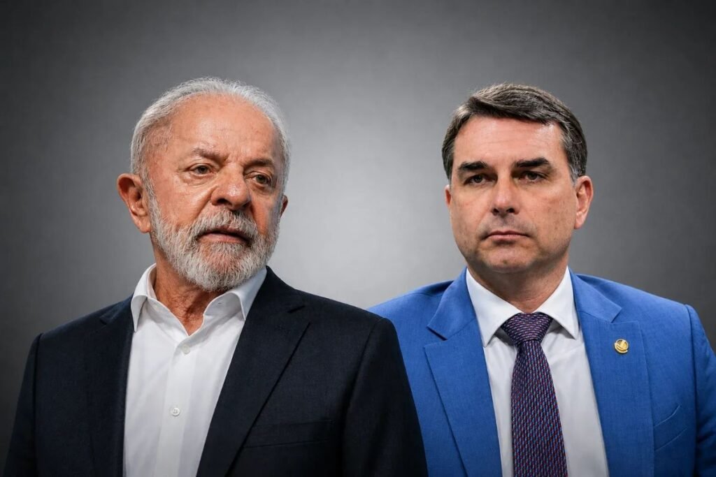 Montagem com fotos do presidente Lula e do senador Flávio Bolsonaro