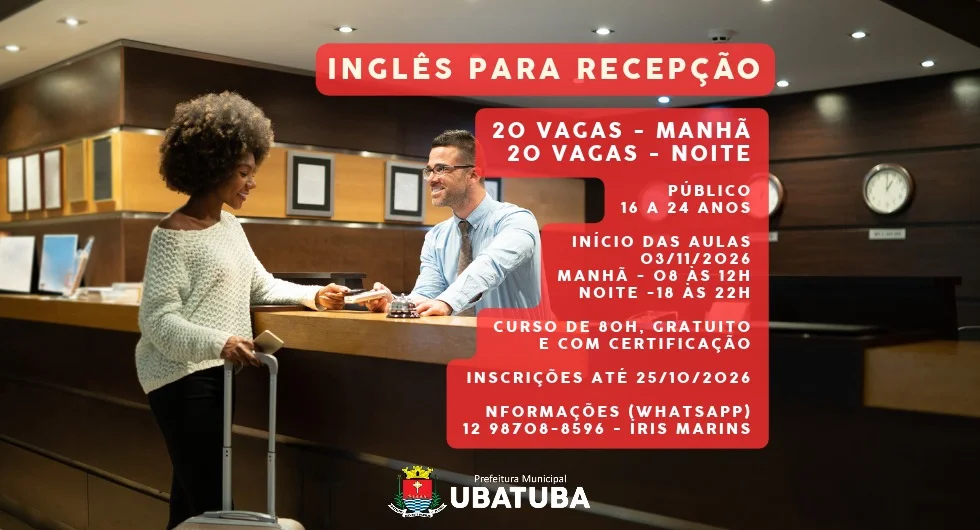 Divulgação do curso de inglês para recepção em Ubatuba